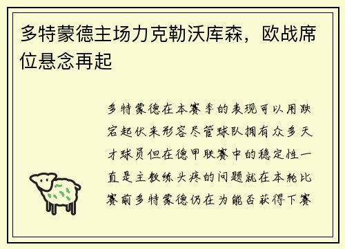 多特蒙德主场力克勒沃库森，欧战席位悬念再起